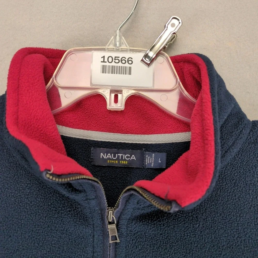 Nautica Blue Fleece Jacket Mens L 1/4 Zip Pullover Red Embroidered Logo‎ Coastal